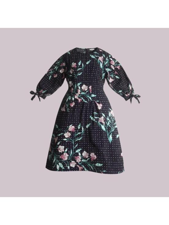 H&M Dresses & Skirts - Black Floral Midi Dress with Balloon Sleeves and Tie Cuffs